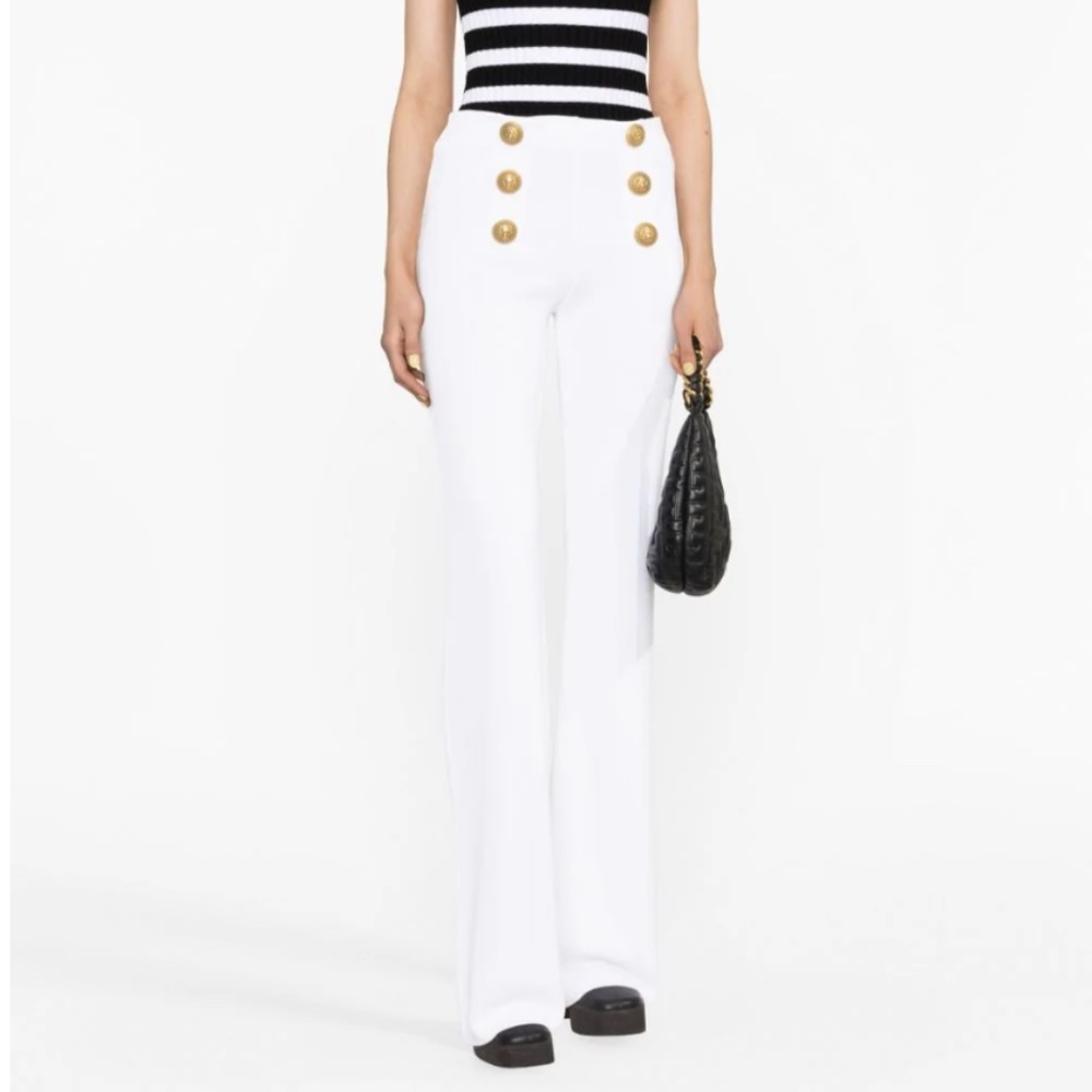 New!!! 6-Button White Crepe Wide-Leg Pants M